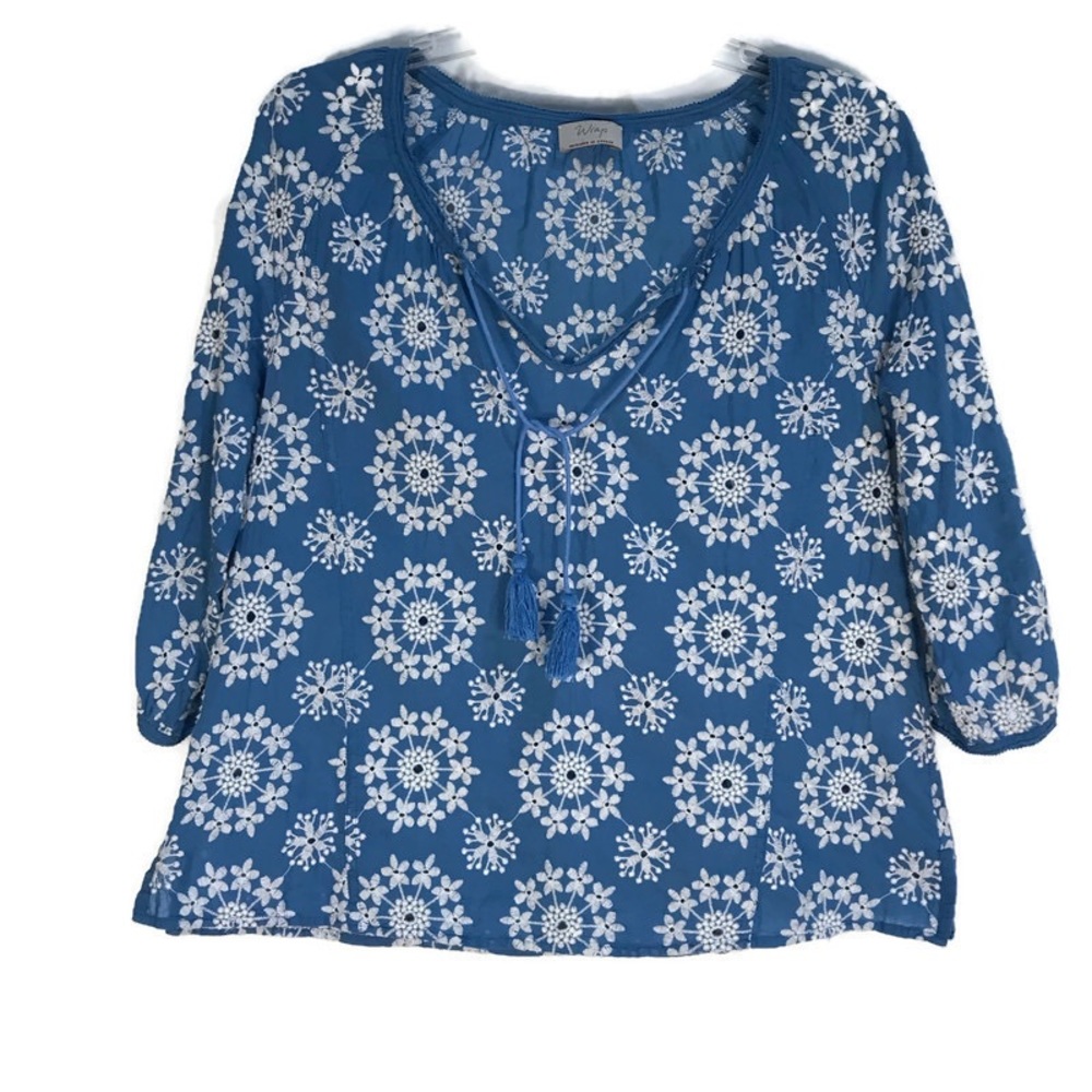 Wrap Blouse Embroidered eyelet Tunic Top Blue White  Womens size Medium